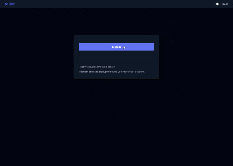 The screen shows a cursor hovering over a Sign in button on a Tailor login page. The cursor then clicks the button, causing a dropdown menu to appear. The cursor selects Accept invitation, moving to another screen.