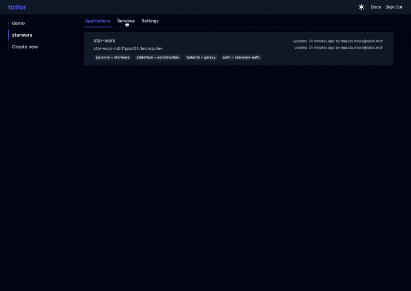 The image shows a dark-themed dashboard interface with tabs labeled Applications, Services, and Settings. The Services tab is active, showing details for a project named star-wars.