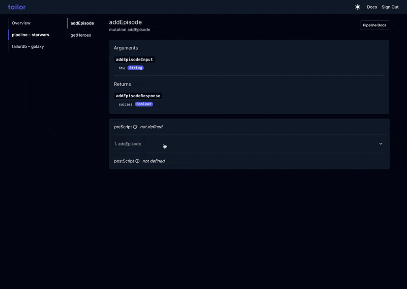 Dark-themed software interface displaying options for adding an episode, featuring sections labeled arguments and returns. Toggle menus show preScriptOp and postScriptOp as not defined.