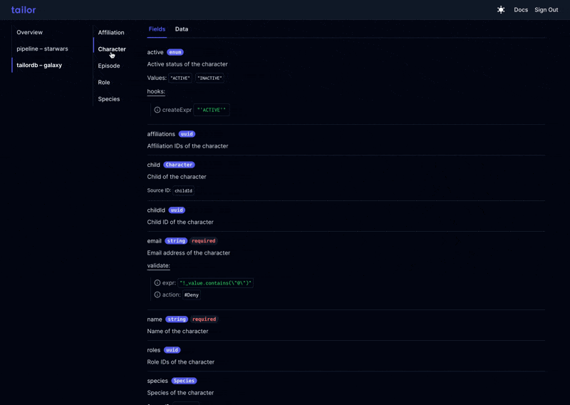 A dark-themed user interface showing a hierarchical character data structure with fields for name, email, and species. It includes navigational options like overview and pipeline.