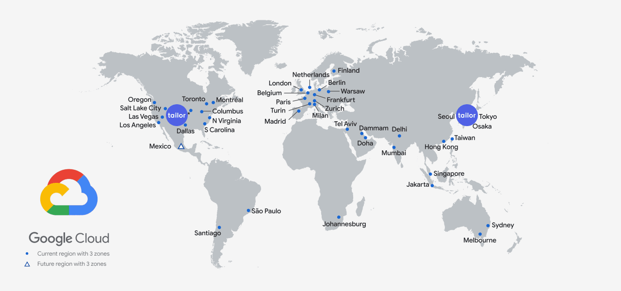 A world map illustrating Google Cloud regions with marked cities, including Frankfurt and Sydney, as well as a future region in Taito. The Google Cloud logo is located in the bottom left corner.